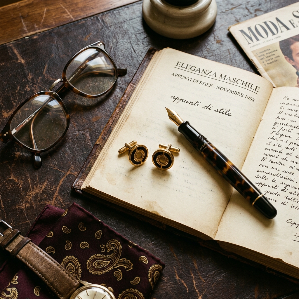 Scrivania elegante con gemelli, penna stilografica e occhiali