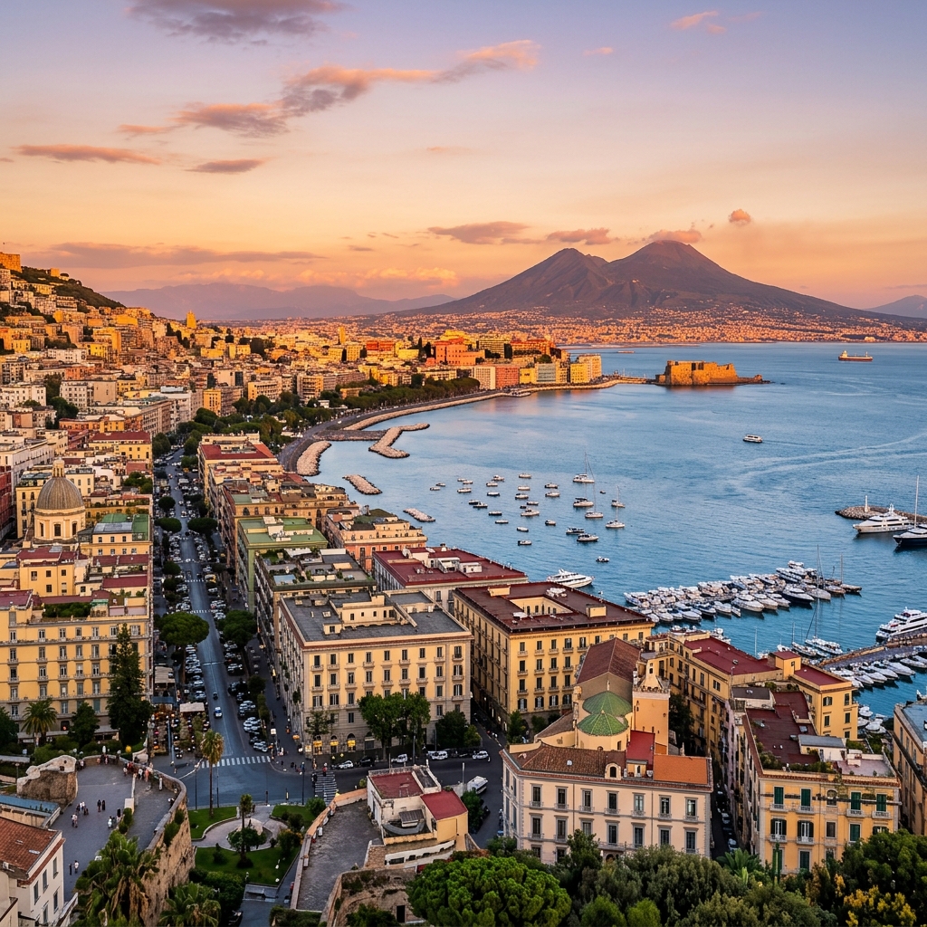 Panorama di Napoli con il Vesuvio al tramonto