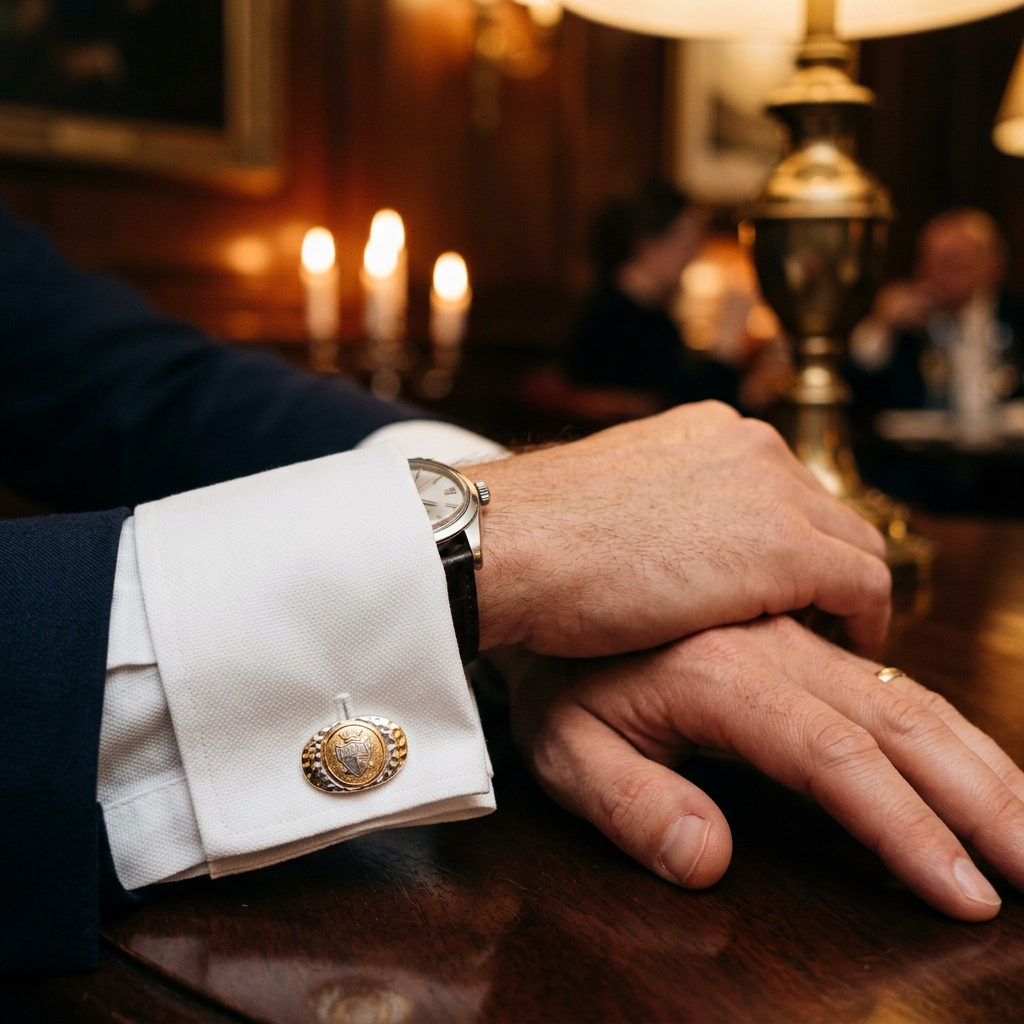 Dettaglio ravvicinato di gemelli artigianali in oro su camicia bianca a polso doppio