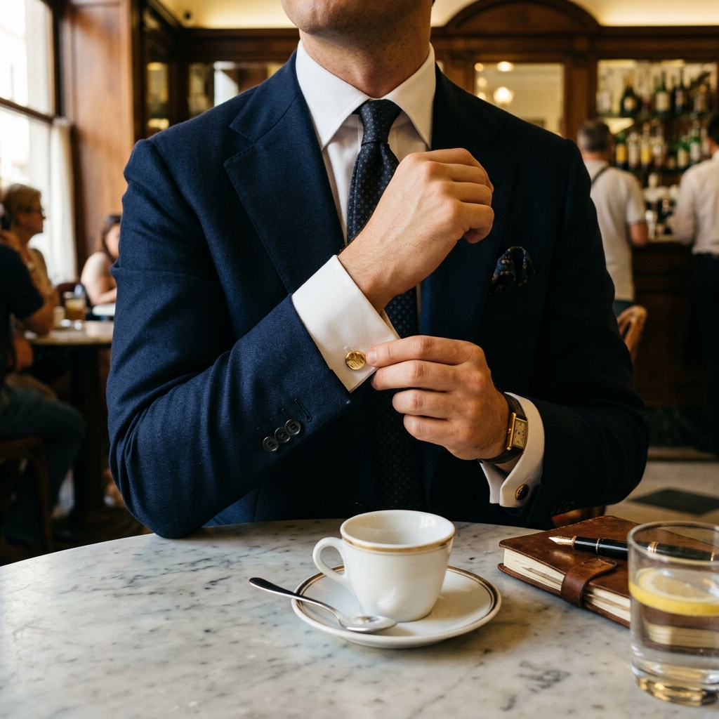 Uomo elegante con gemelli artigianali in un caffè napoletano